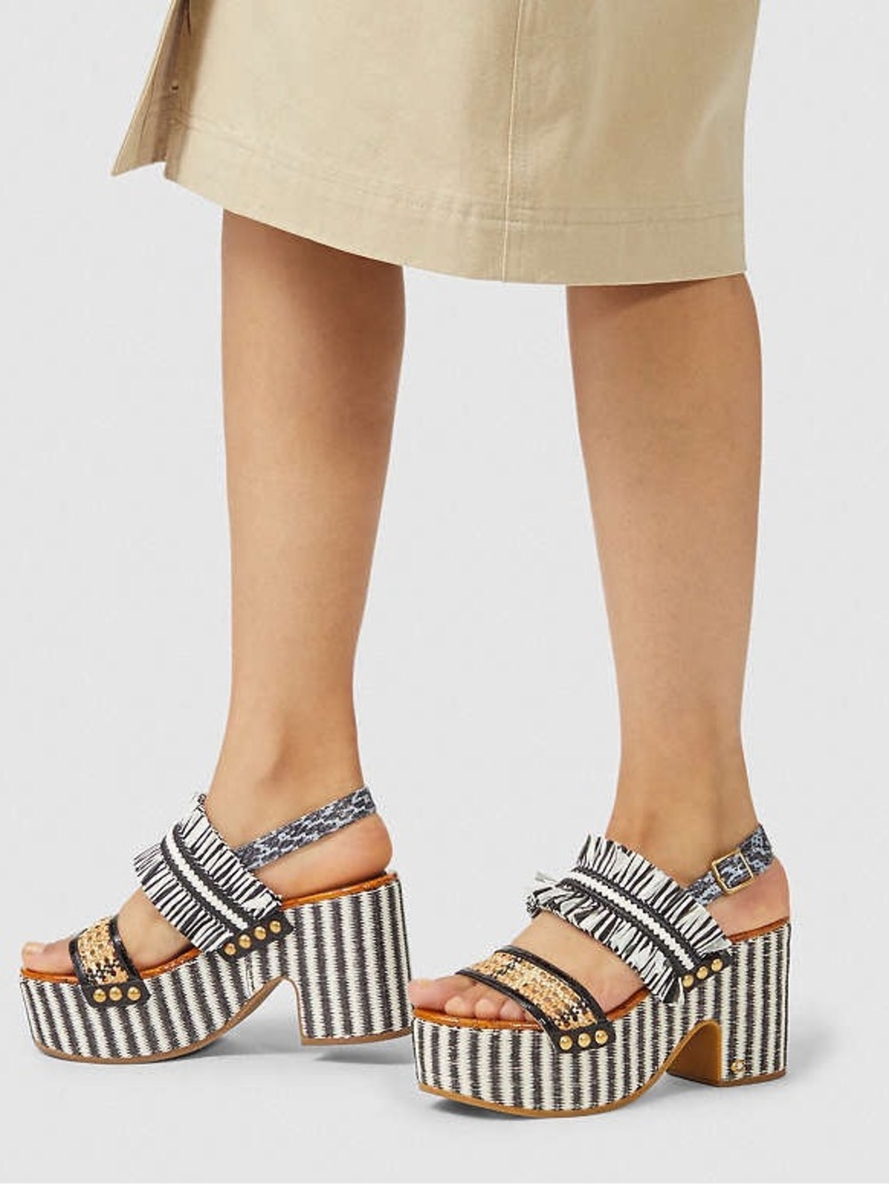 Coach Black & White Woven Platform Sandal with Raffia Strap - Picture 2 of 8
